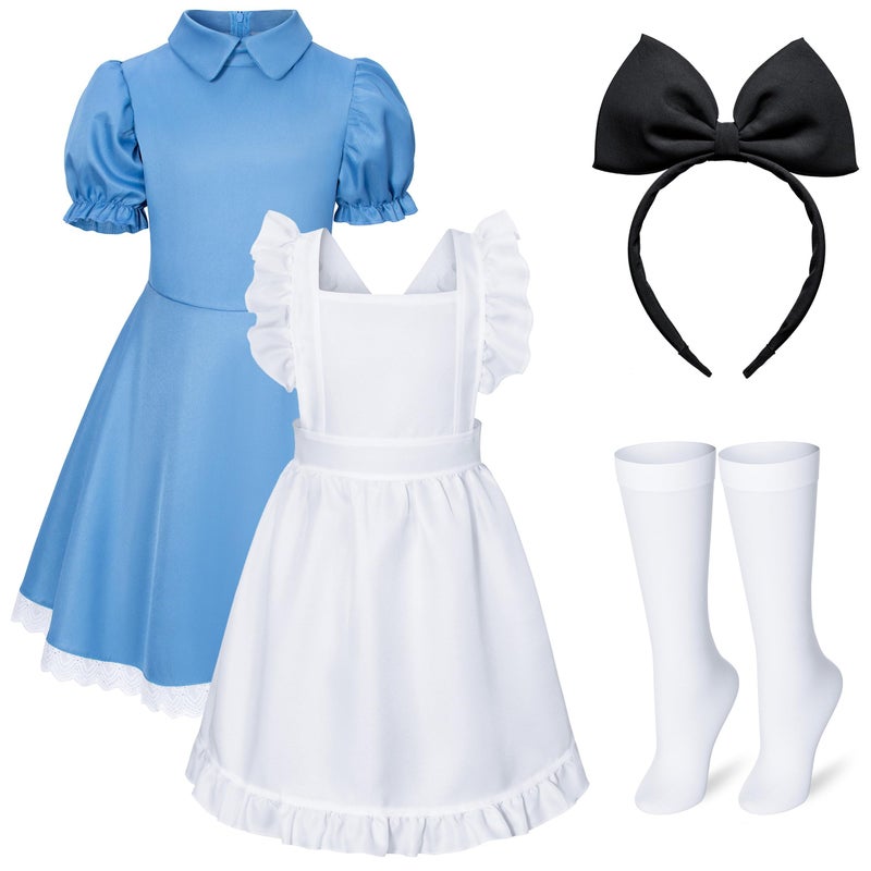 Irtysh Girl Blue Dress White Apron Halloween Cosplay Costume With Bow Hair Band Stockings Set(130) - Image 2